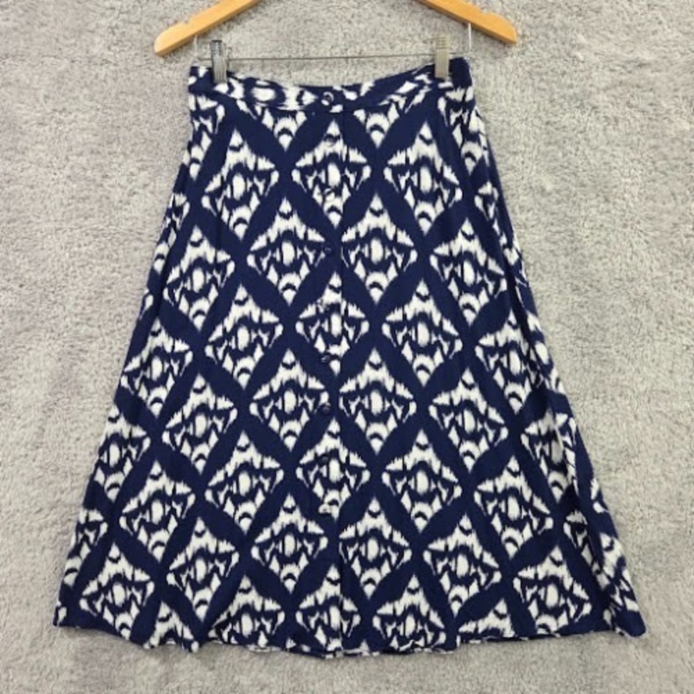 Talbots Skirt Women's 6P Navy White Ikat Midi Faux Button Front Viscose Side Zip